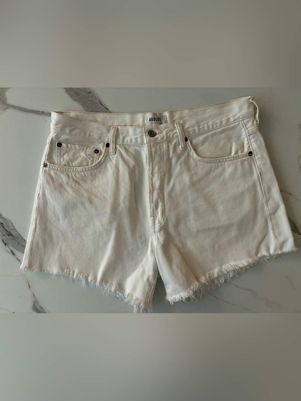 Agolde Parker Long 30 White Frayed Hem Denim Jean Shorts